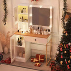 Coiffeuse avec miroir et lumières, Coiffeuse avec station de recharge, Coiffeuse en bois avec lumières RVB pour chambre à coucher, pour filles