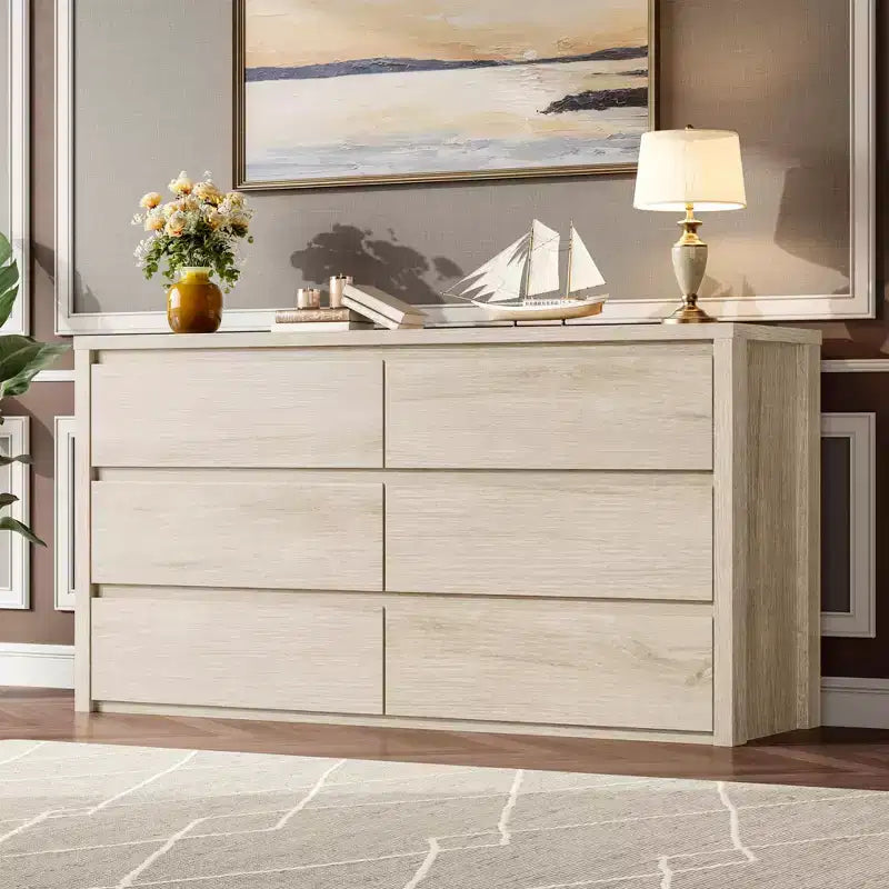 Commode large en bois à 6 tiroirs - Meuble de rangement moderne sans poignée pour chambre, salon, couloir et entrée, grande commode.