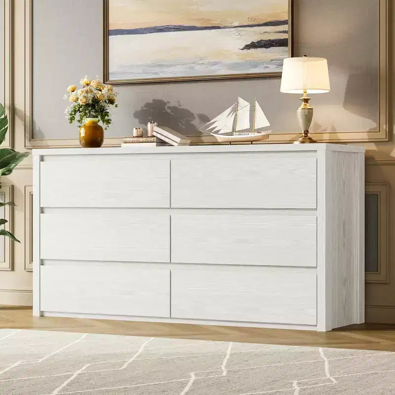 Commode large en bois à 6 tiroirs - Meuble de rangement moderne sans poignée pour chambre, salon, couloir et entrée, grande commode.