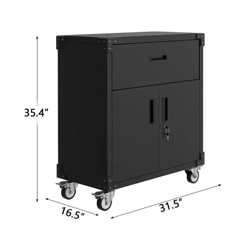 Garvee 35.4 Armoire de rangement métallique, armoire à outils roulante robuste avec 2 portes et tiroir pour la maison, le bureau, noir