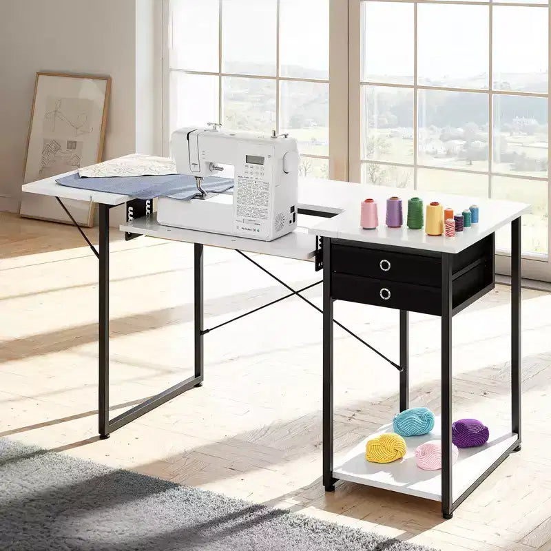 Table à coudre VEVOR, table de machine à coudre multifonctionnelle avec tiroirs, étagère latérale pliable, étagère réglable, pieds en acier, blanc