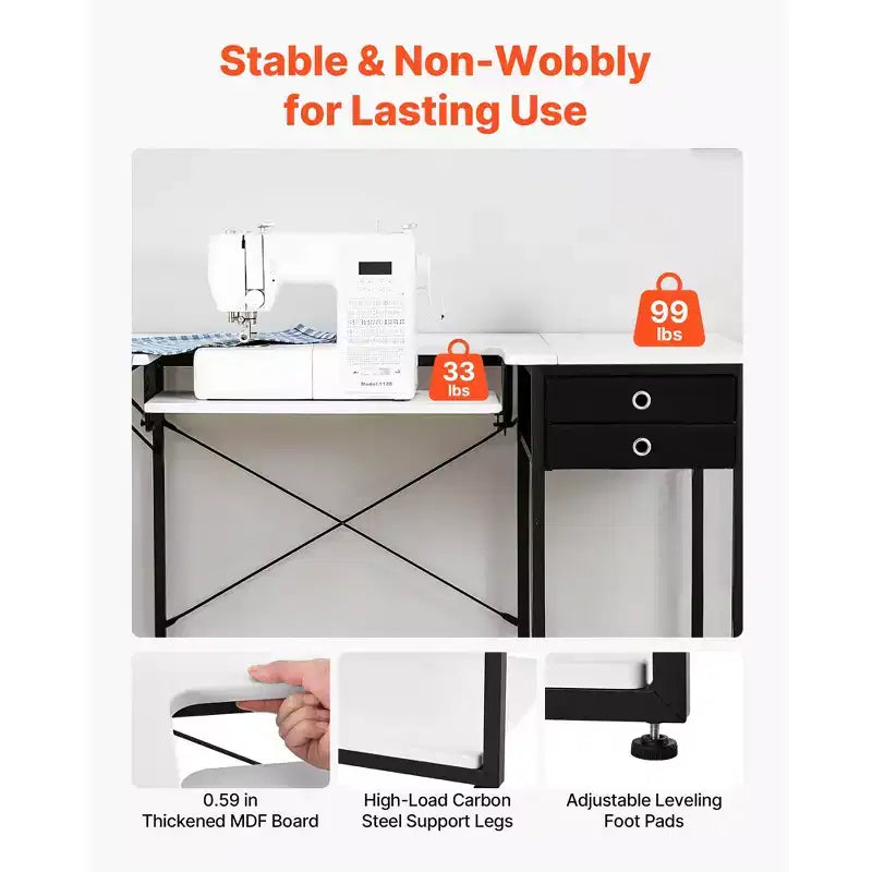 Table à coudre VEVOR, table de machine à coudre multifonctionnelle avec tiroirs, étagère latérale pliable, étagère réglable, pieds en acier, blanc