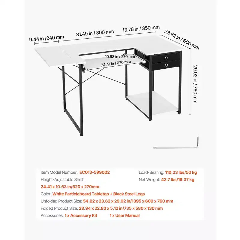 Table à coudre VEVOR, table de machine à coudre multifonctionnelle avec tiroirs, étagère latérale pliable, étagère réglable, pieds en acier, blanc