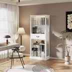 Hitow Bibliothèque Présentoir Autoportante avec Éclairage RGB 7 Couleurs + Portes/Étagères en Verre Transparent Grand Meuble de Rangement Bibliothèque avec Tiroir
