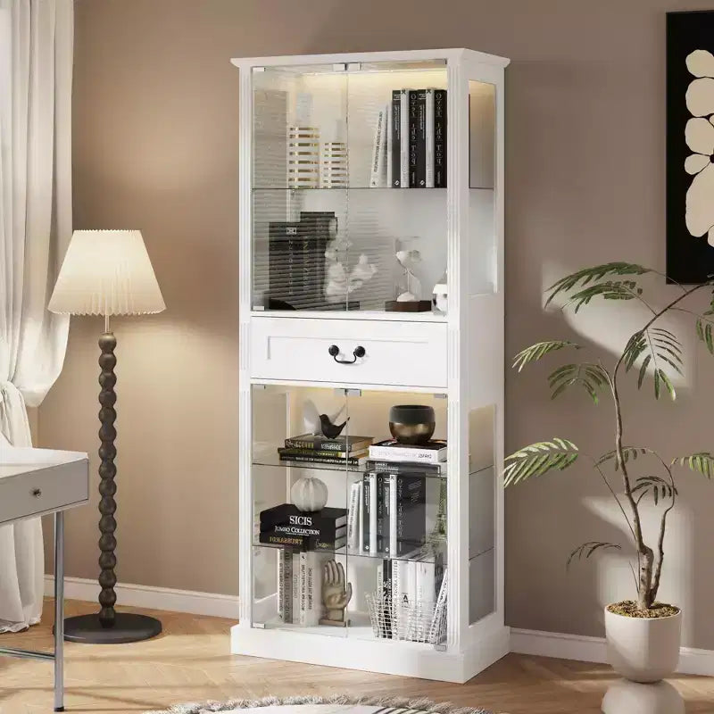 Hitow Bibliothèque Présentoir Autoportante avec Éclairage RGB 7 Couleurs + Portes/Étagères en Verre Transparent Grand Meuble de Rangement Bibliothèque avec Tiroir