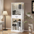 Hitow Bibliothèque Présentoir Autoportante avec Éclairage RGB 7 Couleurs + Portes/Étagères en Verre Transparent Grand Meuble de Rangement Bibliothèque avec Tiroir