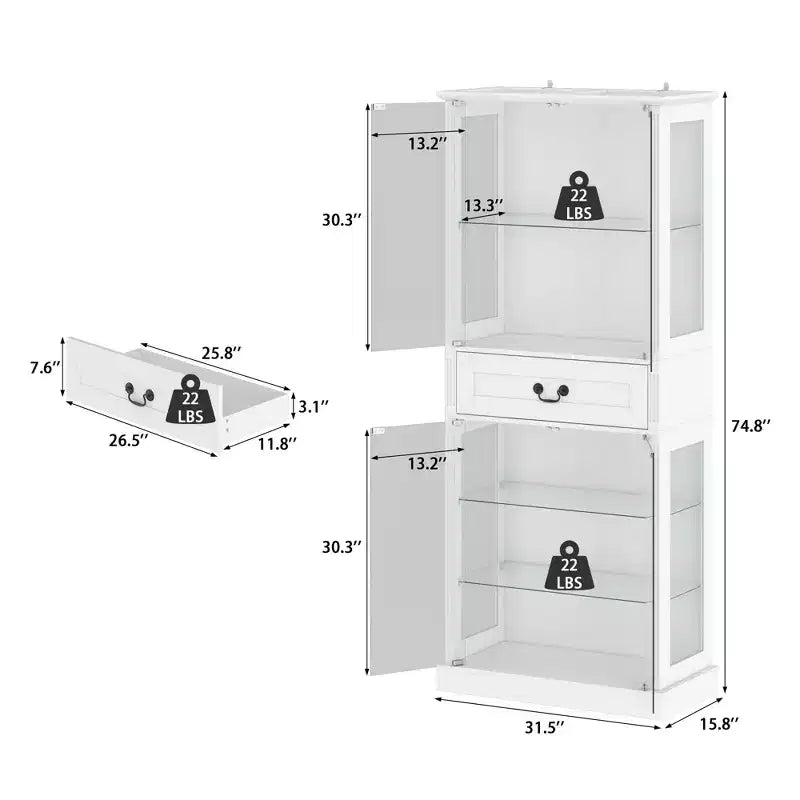 Hitow Bibliothèque Présentoir Autoportante avec Éclairage RGB 7 Couleurs + Portes/Étagères en Verre Transparent Grand Meuble de Rangement Bibliothèque avec Tiroir