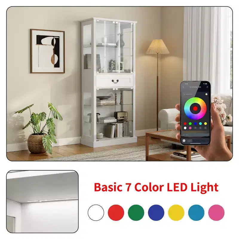 Hitow Bibliothèque Présentoir Autoportante avec Éclairage RGB 7 Couleurs + Portes/Étagères en Verre Transparent Grand Meuble de Rangement Bibliothèque avec Tiroir