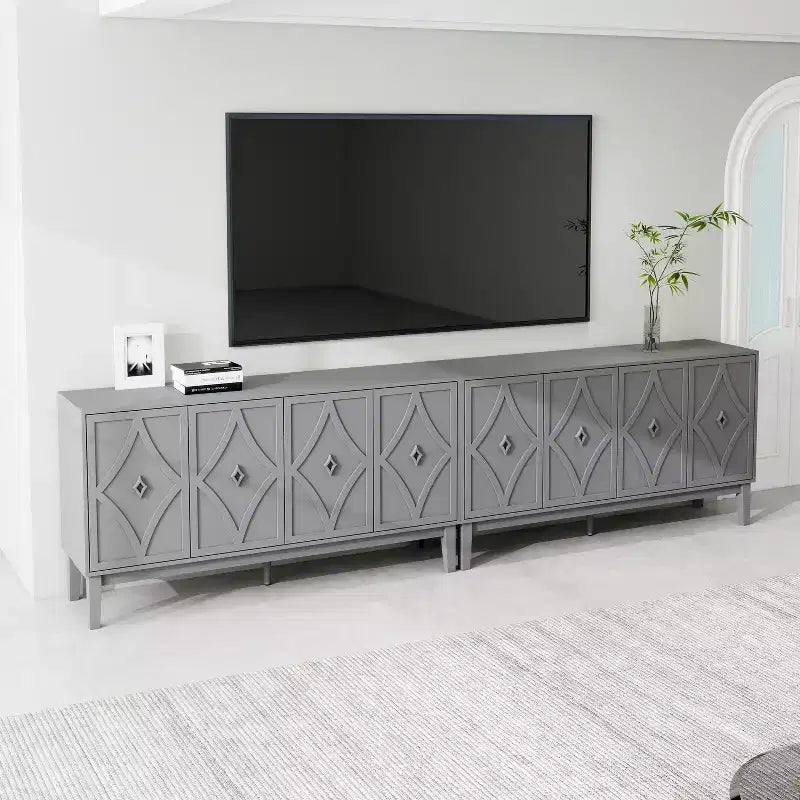 GDFStudio Surachai Modern Wooden Sideboard Buffet Cabinet with 4 Hand-Carved Geometric Doors and Adjustable Shelves