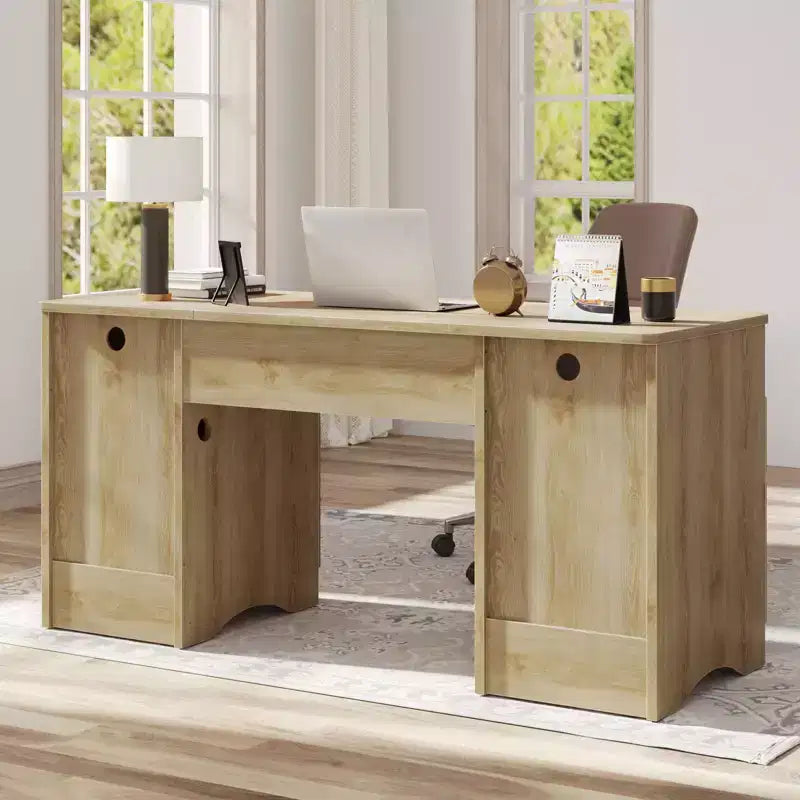 Bestier 59Bureau de Direction Moderne avec Rangement,Bureau d'Ordinateur en Bois avec 2 Tiroirs et 3 Armoires,Bureau d'Écriture Cannelé pour Étude et Salon