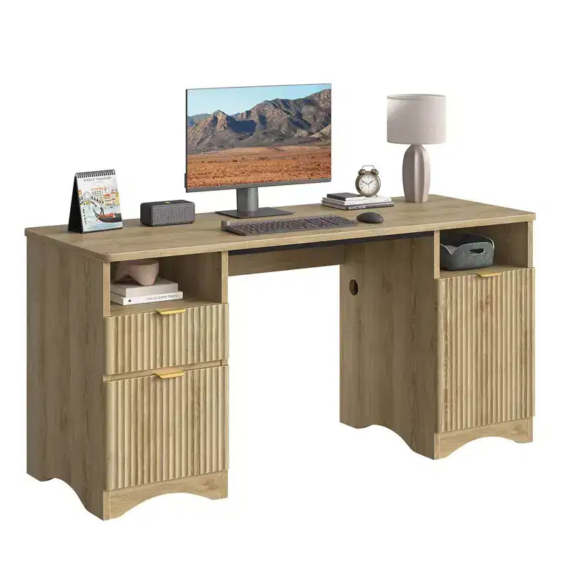 Bestier 59Bureau de Direction Moderne avec Rangement,Bureau d'Ordinateur en Bois avec 2 Tiroirs et 3 Armoires,Bureau d'Écriture Cannelé pour Étude et Salon