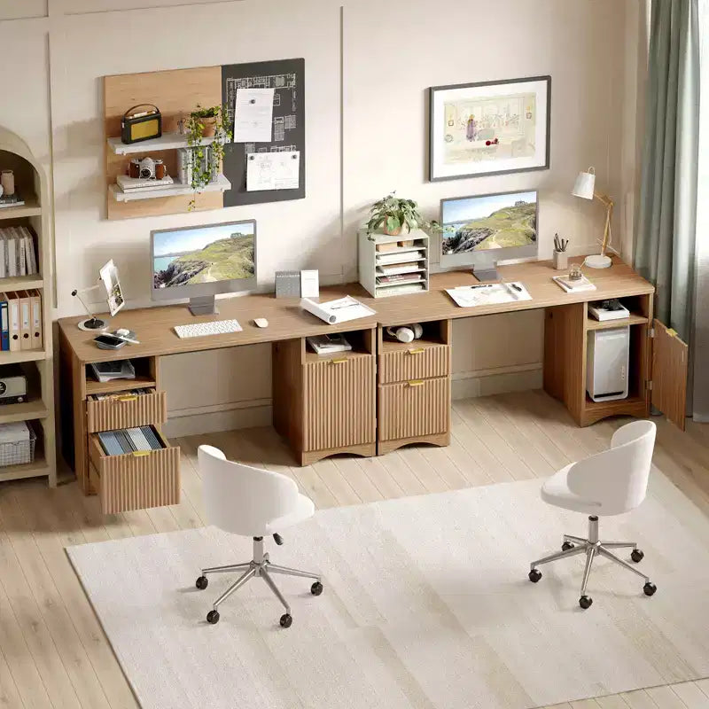 Bestier 59Bureau de Direction Moderne avec Rangement,Bureau d'Ordinateur en Bois avec 2 Tiroirs et 3 Armoires,Bureau d'Écriture Cannelé pour Étude et Salon