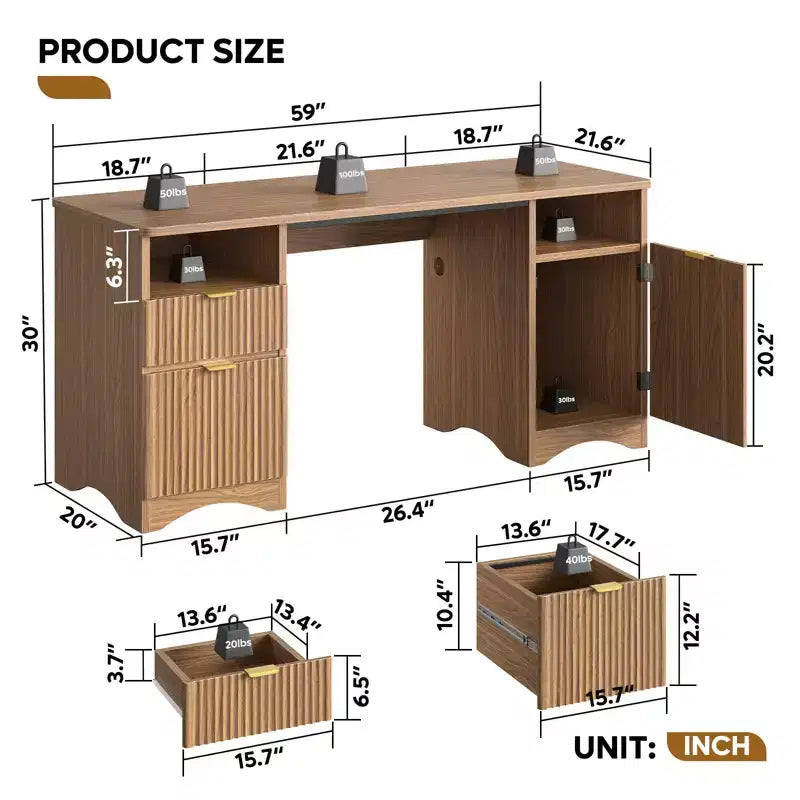 Bestier 59Bureau de Direction Moderne avec Rangement,Bureau d'Ordinateur en Bois avec 2 Tiroirs et 3 Armoires,Bureau d'Écriture Cannelé pour Étude et Salon