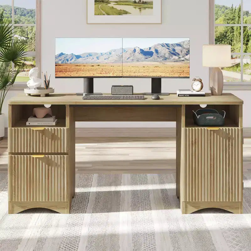 Bestier 59Bureau de Direction Moderne avec Rangement,Bureau d'Ordinateur en Bois avec 2 Tiroirs et 3 Armoires,Bureau d'Écriture Cannelé pour Étude et Salon