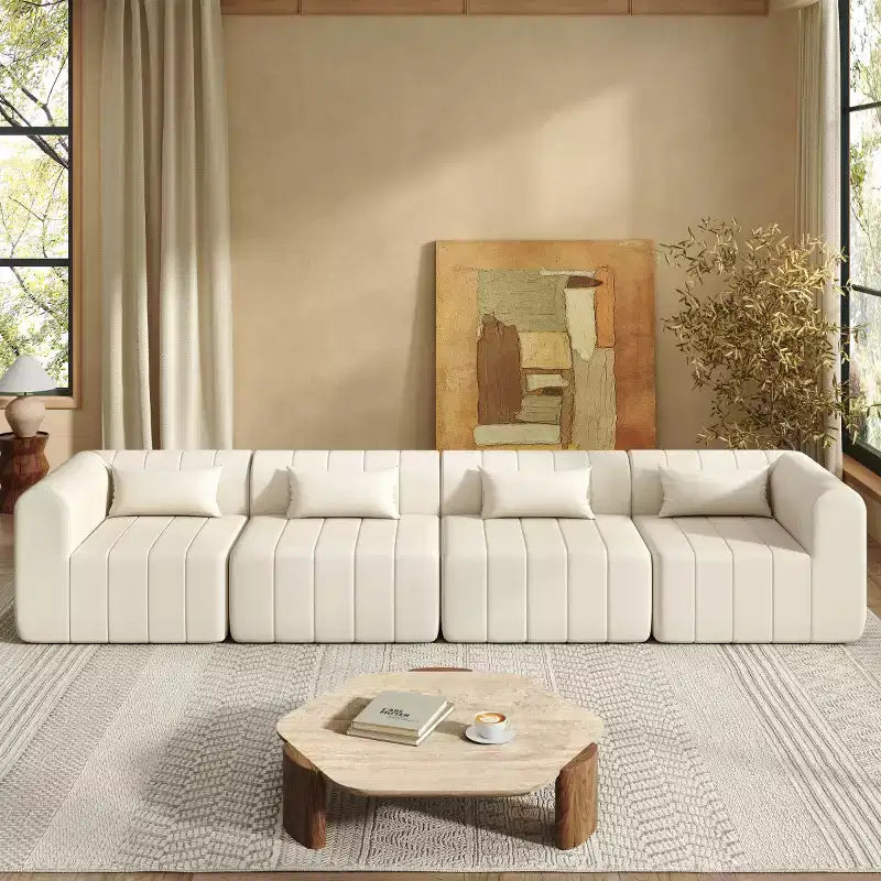145.5 Modern Convertible Sectional Sofa, Upholstered 4-Seater Sectional Sofa with Compressed Sponge, Living Room L-Shaped Sofa-Panipeachy
