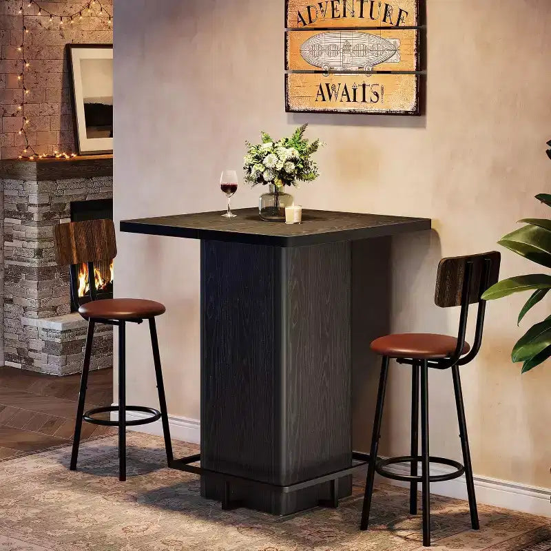 Table de bar carrée Lantine, table de bistrot/pub haute de 99,99 cm en bois avec repose-pieds en métal pour salle à manger, café, cocktail, salon, petits espaces