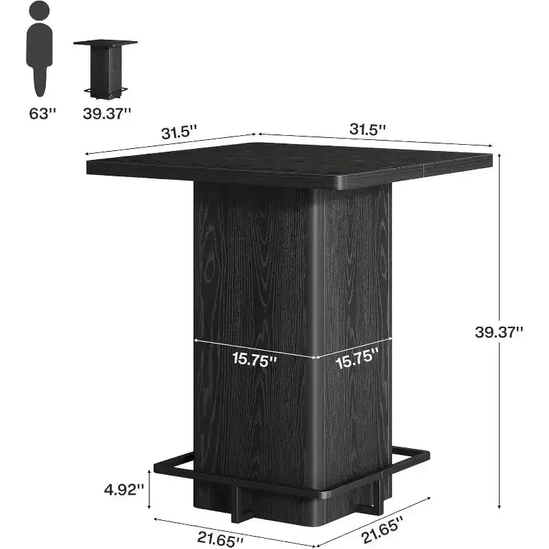 Table de bar carrée Lantine, table de bistrot/pub haute de 99,99 cm en bois avec repose-pieds en métal pour salle à manger, café, cocktail, salon, petits espaces