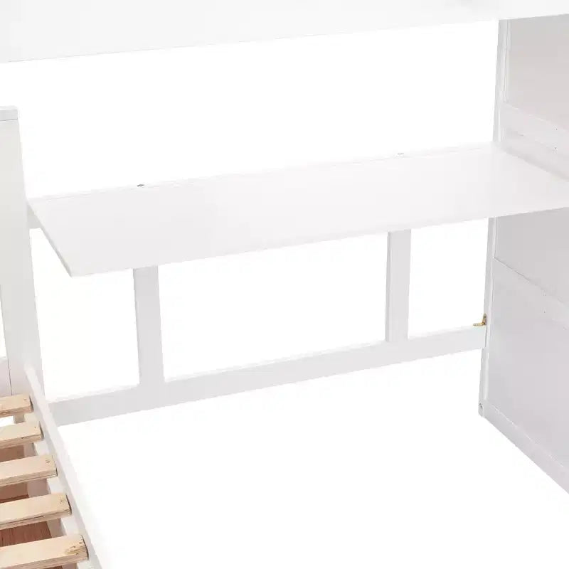 Lit superposé en L Luxystar avec trois couchages (deux lits superposés jumeaux et un lit double), tiroirs, bureau, étagères et armoire