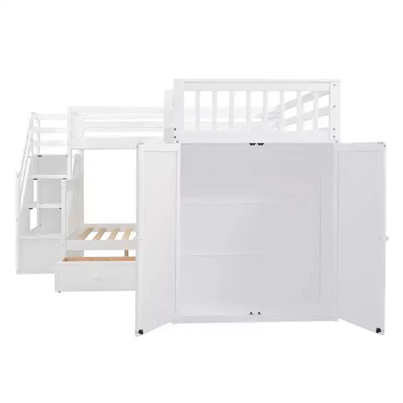 Lit superposé en L Luxystar avec trois couchages (deux lits superposés jumeaux et un lit double), tiroirs, bureau, étagères et armoire