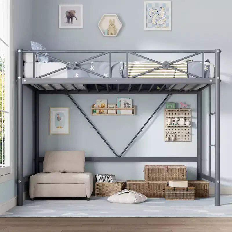 Lit mezzanine en métal robuste, taille simple, cadre moderne en acier avec rampes de sécurité, peu encombrant pour chambre et école