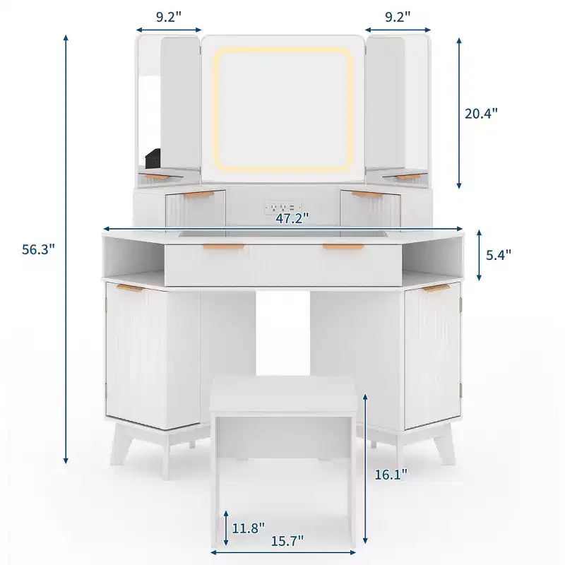 Coiffeuse d'angle avec lumières, 120 cm, en bois, avec miroir triptyque et plateau en verre, ensemble de coiffeuse avec tabouret pour chambre.