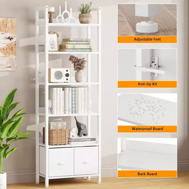 Étagère moderne de 180 cm de haut à 6 niveaux avec deux tiroirs, bibliothèque autonome en bois et métal, organisateur de rangement pour la maison, le bureau, le salon, blanc