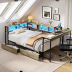 GDFStudio Kelsen Modern Corner Bed Frame with Bookcase and 2 Underbed Storage Drawers