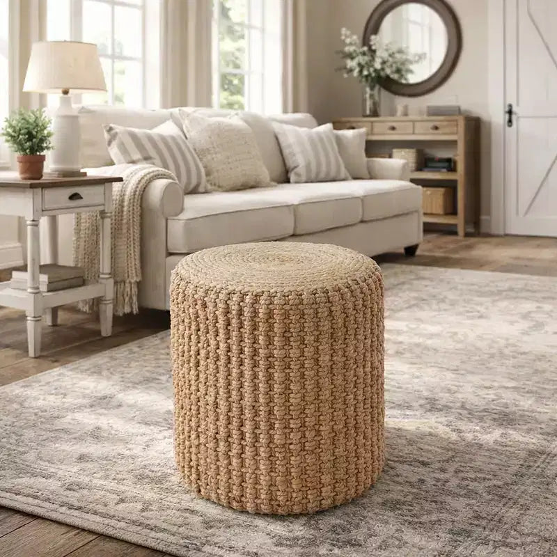 Casafield Pouf Ottoman Tressé en Jonc de Mer, Accent Bohème Décoratif d'Intérieur pour Salon