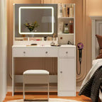 Coiffeuse blanche avec miroir et lumières, ensemble de coiffeuse avec tabouret, miroir éclairé 3 couleurs, table de maquillage avec prise de courant et tiroirs