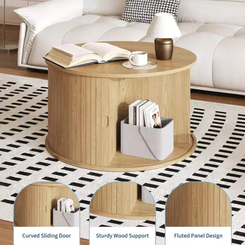 Table basse, tables basses rondes avec rangement, table centrale cannelée, table moderne du milieu du siècle de 28 pouces avec porte coulissante pour salon