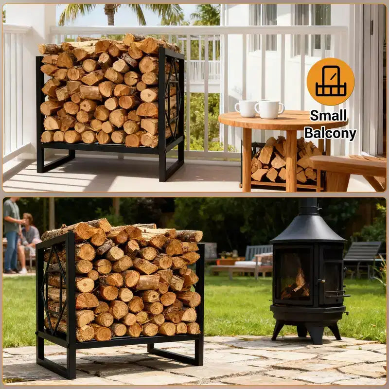 Grand support à bûches robuste de 17,5 pouces en métal, porte-bûches décoratif intérieur/extérieur pour cheminée, terrasse, patio, brasero, barbecue