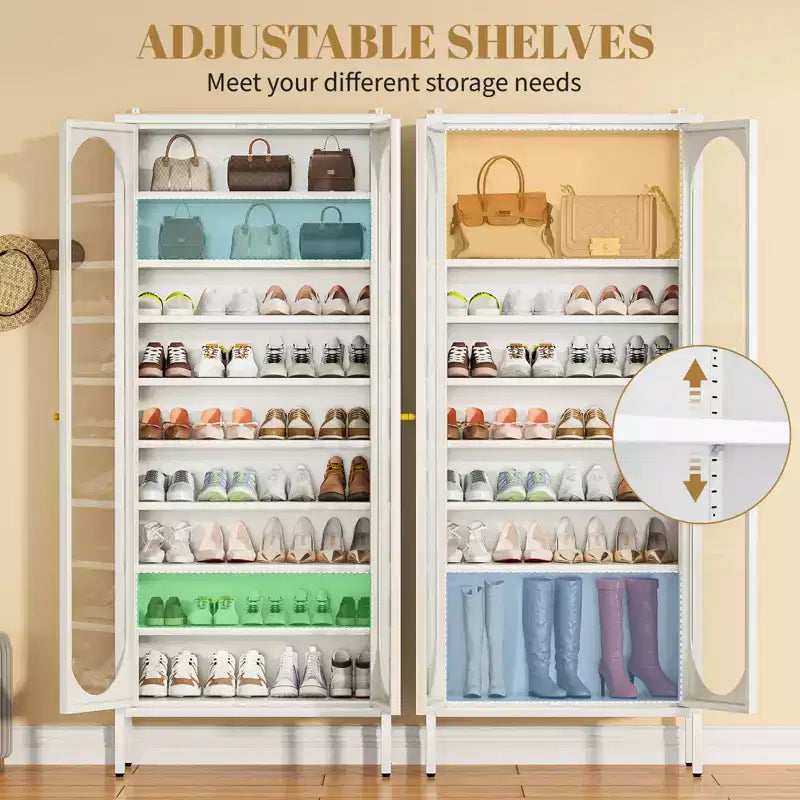 Bekrvio Armoire à chaussures haute en métal à 9 niveaux avec portes en verre, étagère à chaussures autoportante robuste avec étagères réglables, 2736 paires