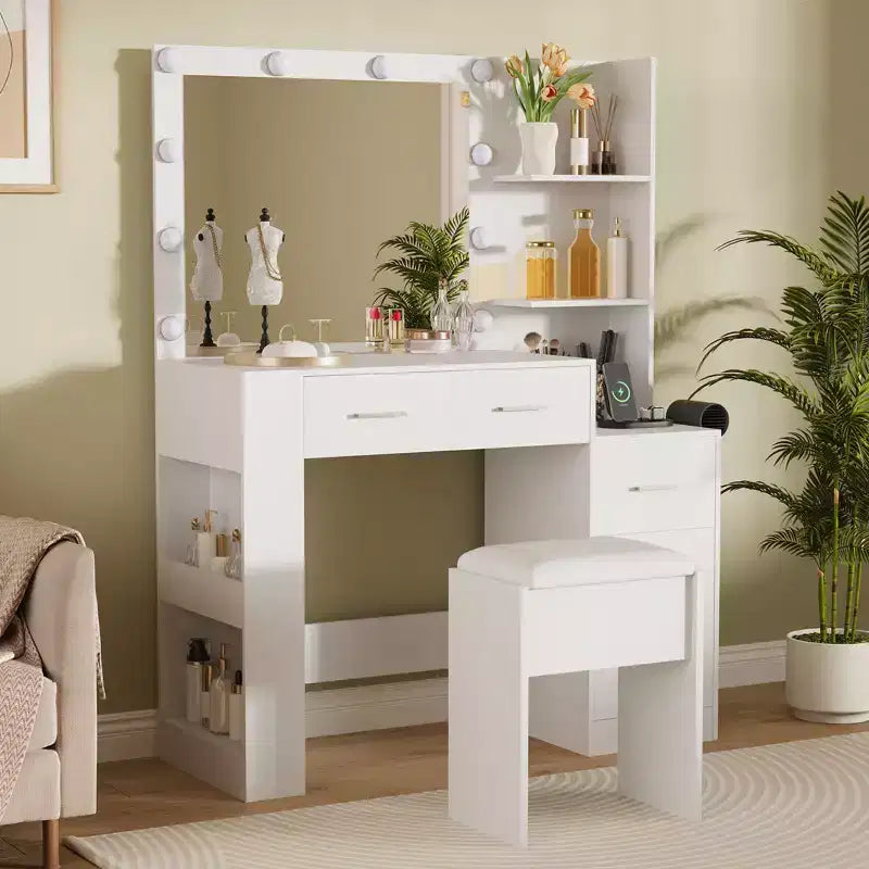 Miroir 10 ampoules | Prises intégrées Grande coiffeuse de 104 cm avec miroir et 3 modes d'éclairage - Table de maquillage avec tabouret et 5 tiroirs pour chambre à coucher
