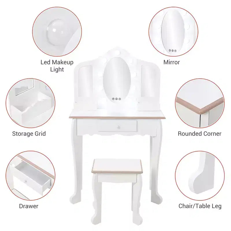 Coiffeuse pour enfants avec miroir éclairé, Table de maquillage pour petites filles