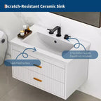 Meuble-lavabo de salle de bain mural flottant de 60 cm avec lavabo intégré, 2 tiroirs et placard de rangement pour salle de bain