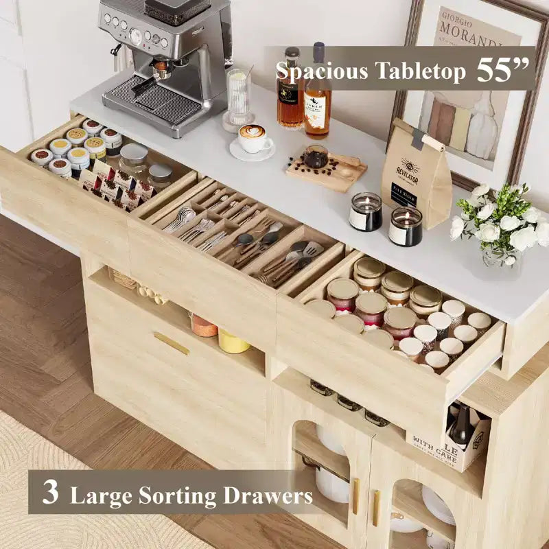 Meuble Bar à Café en Bois avec 3 Tiroirs et Étagère Réglable - Buffet de Rangement de Cuisine pour Salle à Manger, Salon et Cuisine