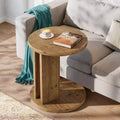 Lantine C-Shaped Solid Wood Round End Table, Farmhouse Accent Side Table for Sofa and Bedside, Living Room, Bedroom, Brown, Easy Assembly