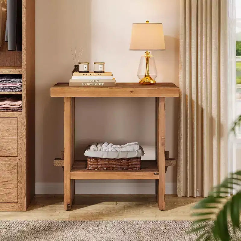 Table de chevet Lantine en bois massif avec rangement, table de chevet rectangulaire de style ferme avec base en bois pour meubles d'appoint de chambre, marron