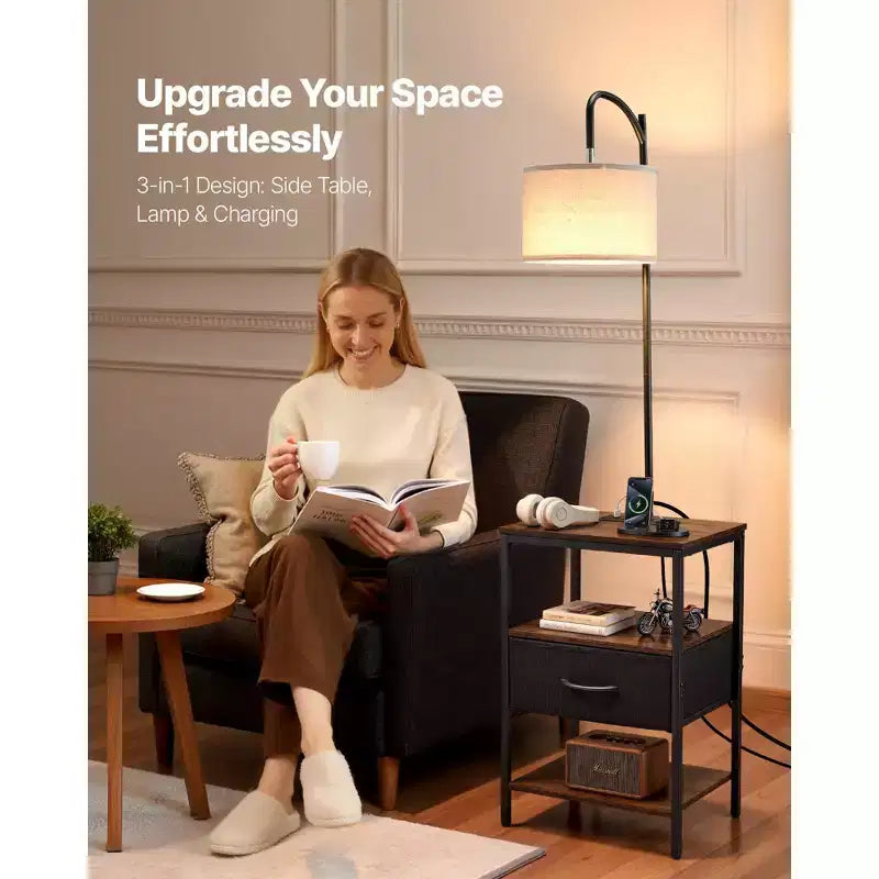 Lampadaire VEVOR avec table, table d'appoint à 3 niveaux avec tiroir et éclairage à 3 températures de couleur, table de chevet/bureau moderne avec USB, marron et noir