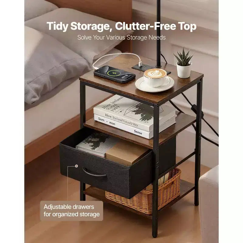 Lampadaire VEVOR avec table, table d'appoint à 3 niveaux avec tiroir et éclairage à 3 températures de couleur, table de chevet/bureau moderne avec USB, marron et noir