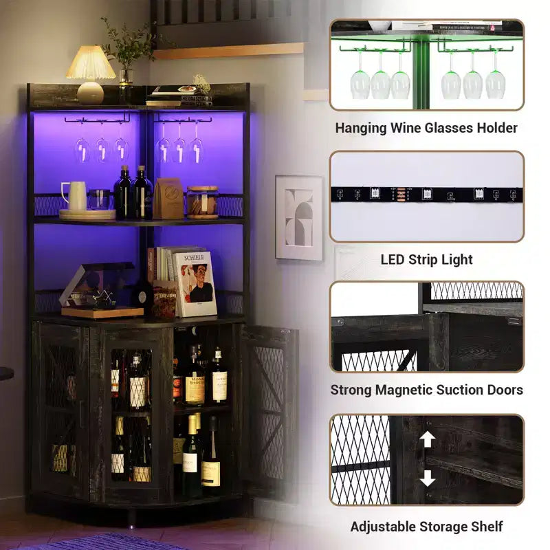 Meuble de Bar d'Angle à 5 Niveaux avec Prise Électrique, Meuble à Vins Industriel Haut avec Lumières LED, Porte-Verres, Rangement, pour Salon/Cuisine