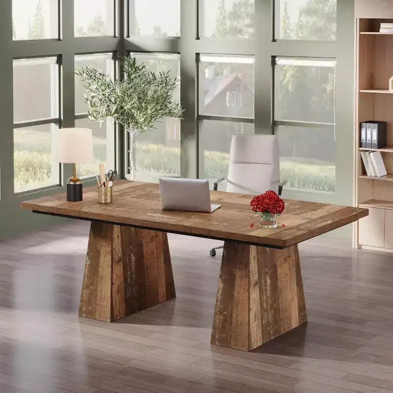 Bureau de direction Lantine de 63 pouces, grand bureau d'ordinateur avec double piédestal, table d'écriture moderne pour bureau à domicile, brun expresso
