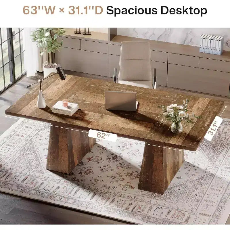 Bureau de direction Lantine de 63 pouces, grand bureau d'ordinateur avec double piédestal, table d'écriture moderne pour bureau à domicile, brun expresso