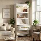 Meuble de rangement décoratif blanc Famapy avec spot LED et sculptures dorées ornementales pour salon et entrée
