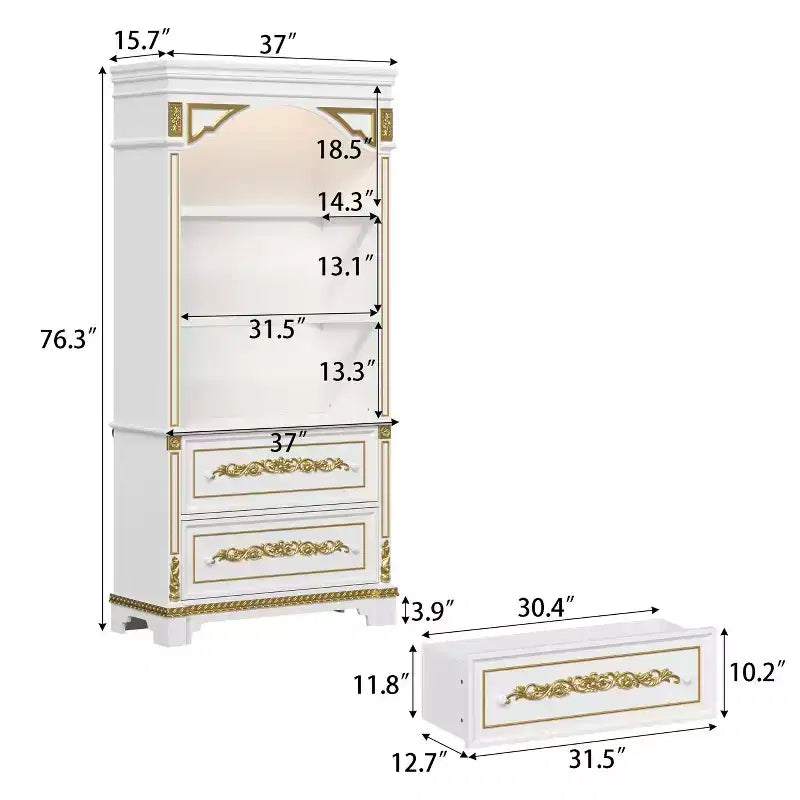 Meuble de rangement décoratif blanc Famapy avec spot LED et sculptures dorées ornementales pour salon et entrée