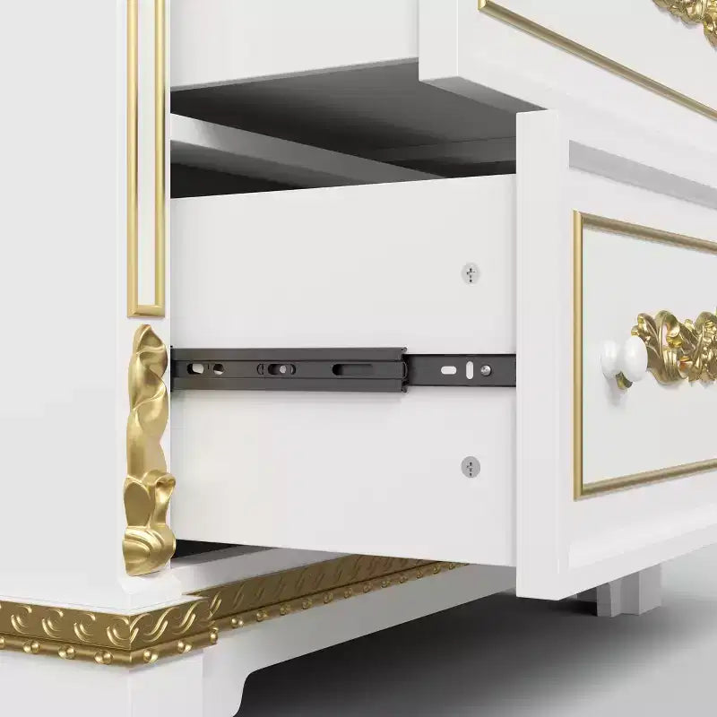 Meuble de rangement décoratif blanc Famapy avec spot LED et sculptures dorées ornementales pour salon et entrée