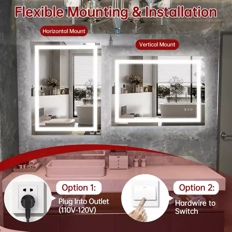 SUMERAIN Miroir de vanité mural 24x32 en verre trempé, miroir de salle de bain moderne anti-buée ETL, LED 3 couleurs