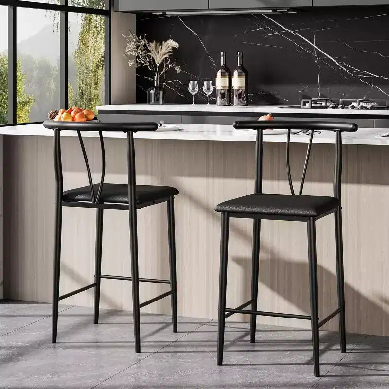 Tabourets de bar en métal, tabourets de bar de 64 cm de hauteur de comptoir avec large assise rembourrée en PU, dossier incurvé et repose-pieds pour îlots, comptoirs de cuisine, bars, noir