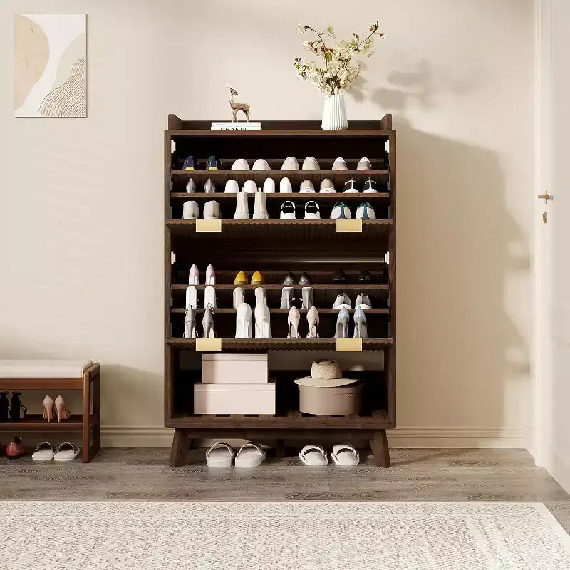 Meuble à chaussures étroit Acekool 2 tiroirs basculants en noyer avec tiroir et étagère ouverte pour entrée, couloir et salon