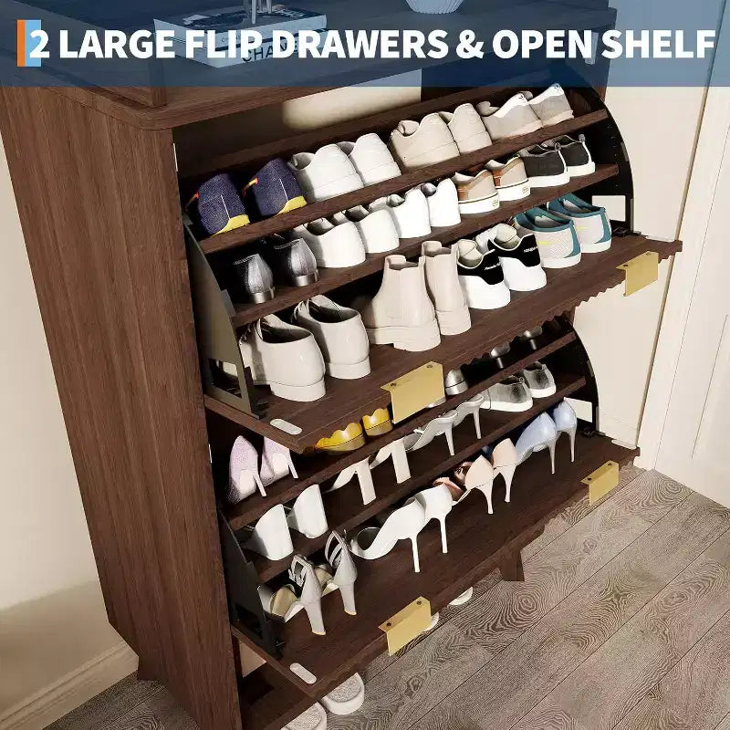 Meuble à chaussures étroit Acekool 2 tiroirs basculants en noyer avec tiroir et étagère ouverte pour entrée, couloir et salon